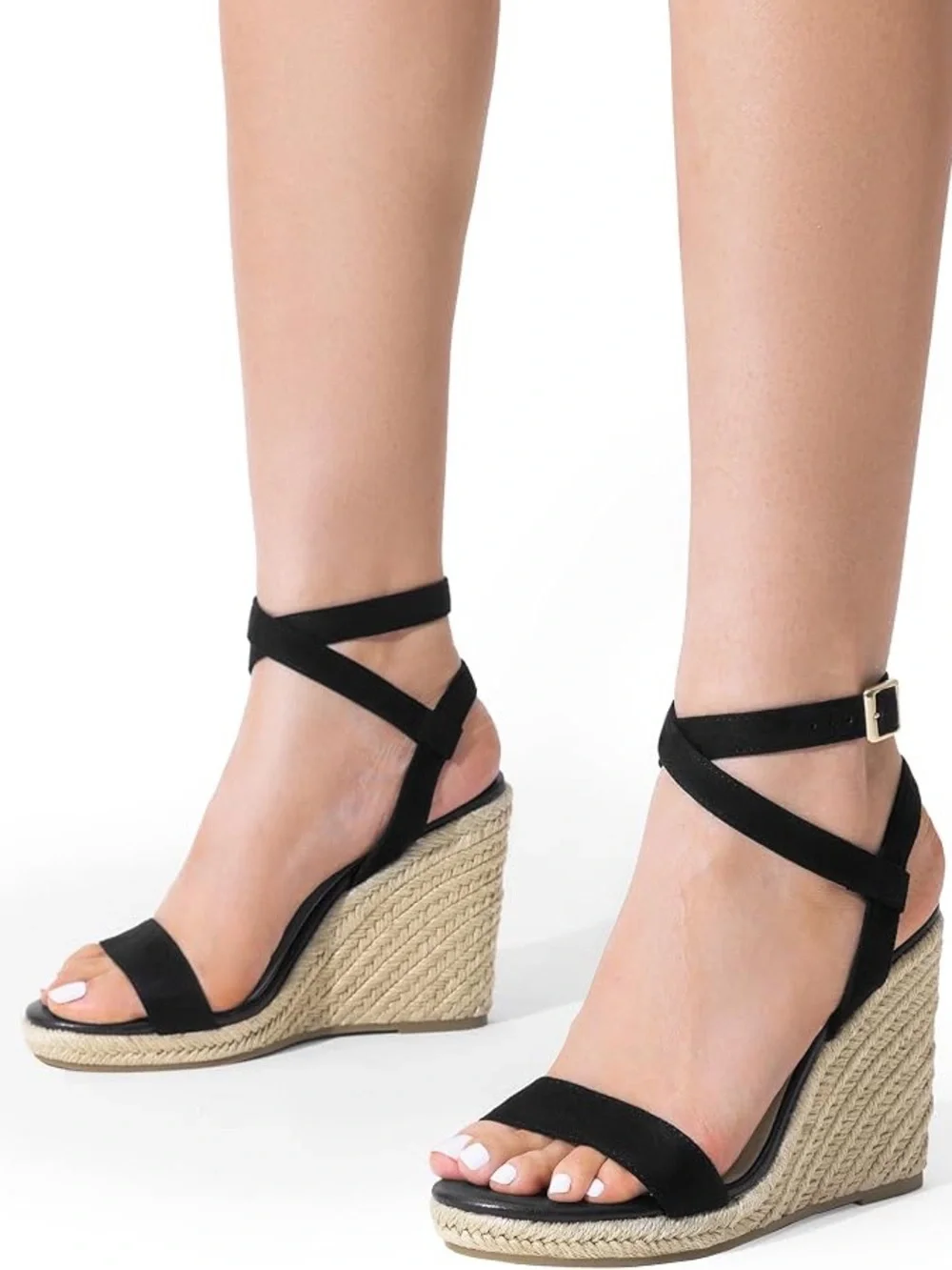 Black Espadrille Wedge Sandals with Ankle Wrap